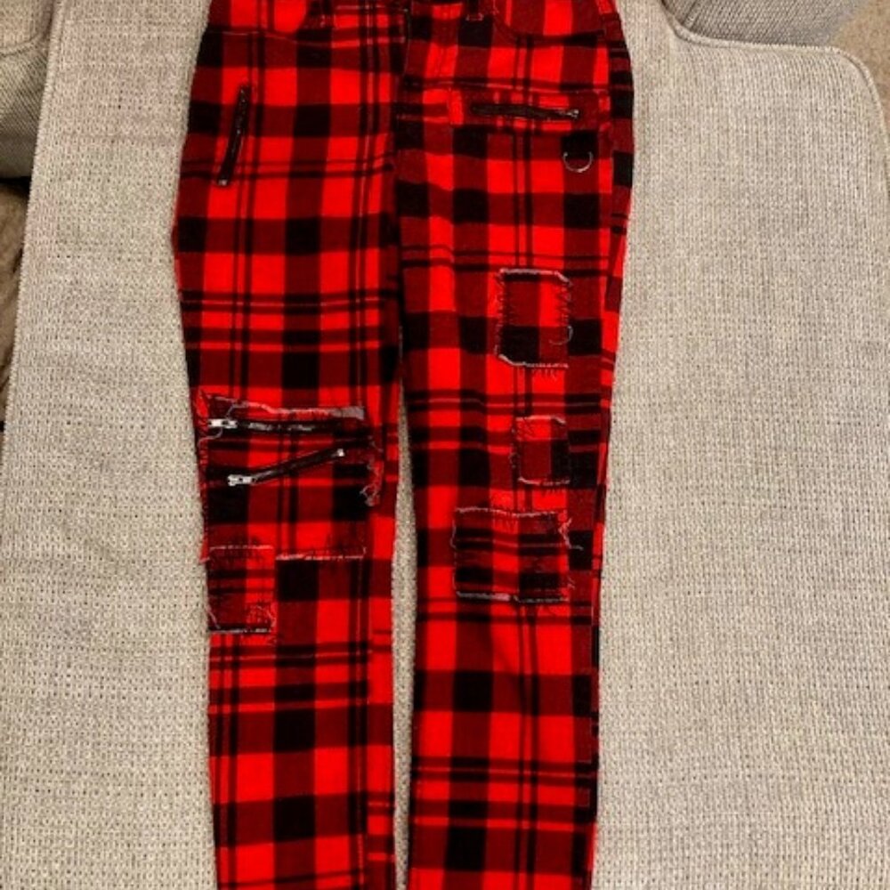 Bright Red, Plaid skinny jeans, with zippers and patches